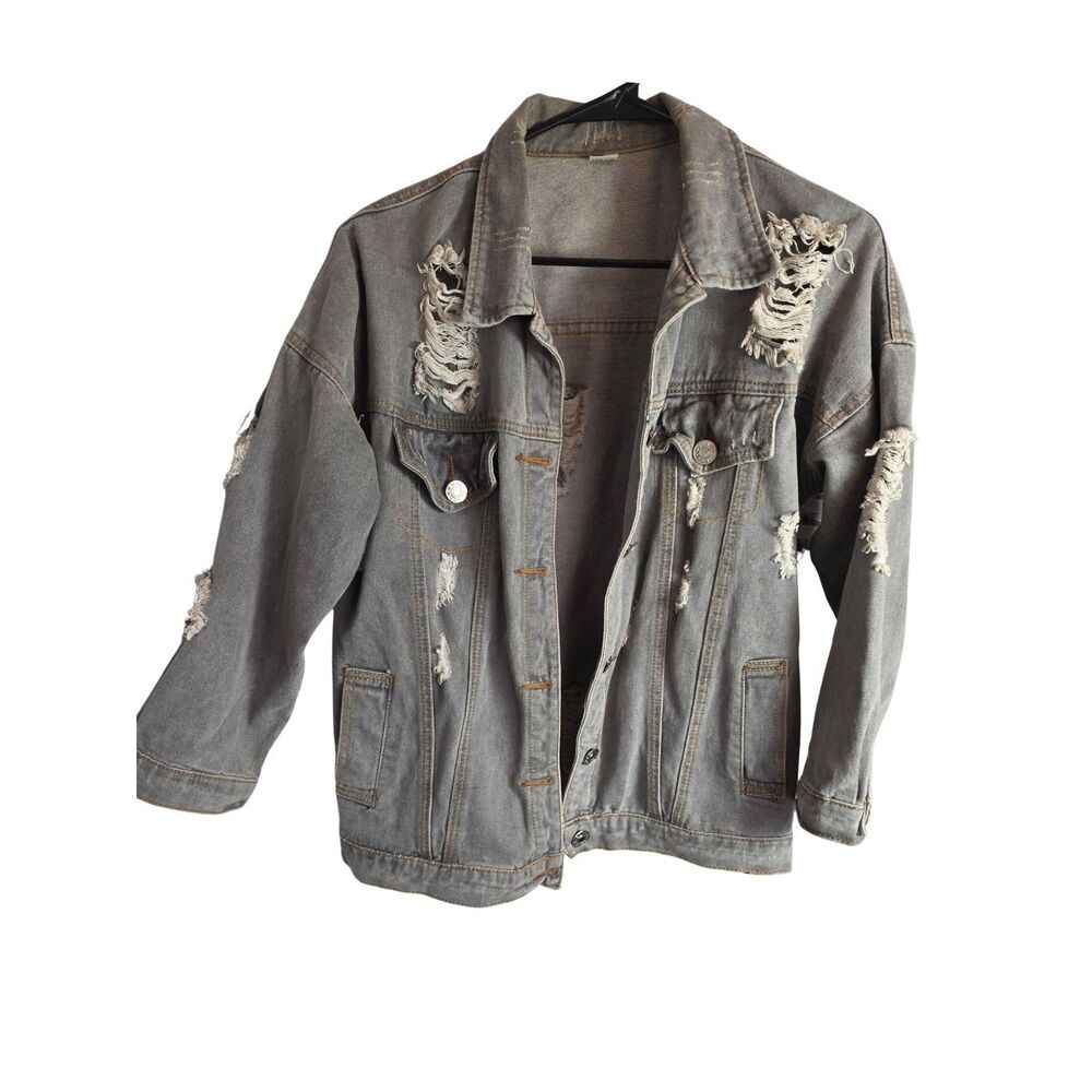 Heavily Distressed Denim Jacket Shredded Grunge Washed Khaki Grey Size S